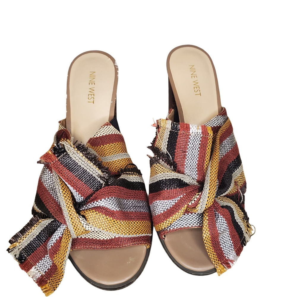 Nine West Byron Striped Bow Block Heeled Slide On Sandal 9.5